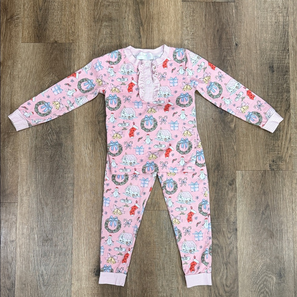 Cecil and Lou,Girls Pink Holiday Print Ruffle Pajama Set - Picture 9 of 10